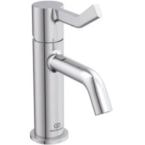 Moderne Chrom-Waschbeckenarmatur mit langem Griff von Ideal Standard. Sie hat einen schlanken, eleganten Auslauf und einen Hebel zur Wassersteuerung.